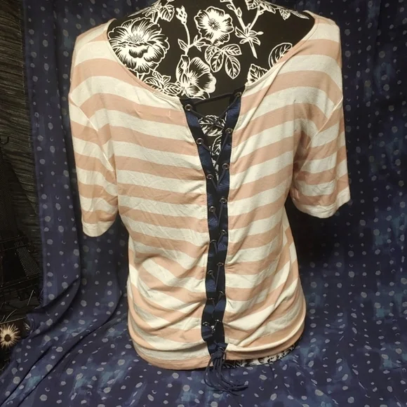 Bycorpus Tan White Striped Lace Up Back - Picture 3 of 4